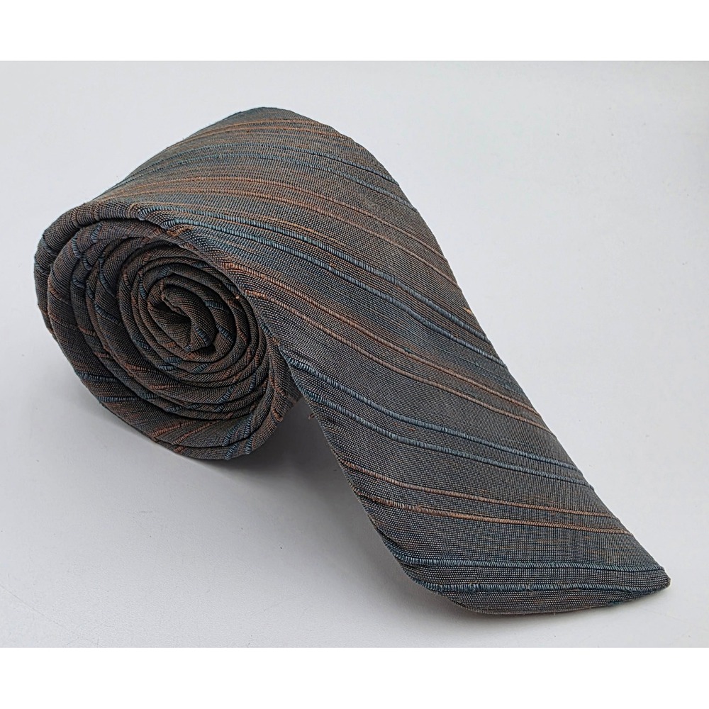Jim Thompson Men's 100% Thai Silk Tie Brown Teal Copper Striped Textured Classic
